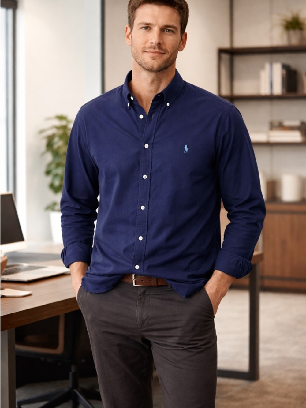 Polo Ralph Lauren Mens Navy Blue Solid Long Sleeve Button Shirt Pony Sz LT